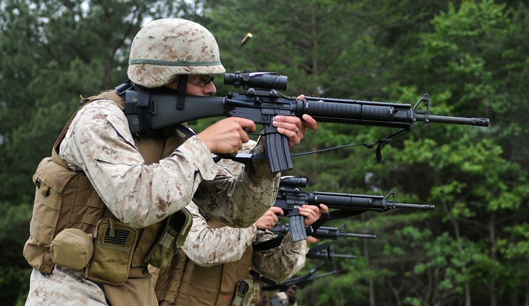 Marines with Alpha Company, Marine Barracks Washington, conduct live fire exercises at Marine Corps Base Quantico, Va., May 19. The exercise allowed Marines to complete annual training on Tables 3 and 4. (Photo by Lance Cpl. Jeremy Ware)
